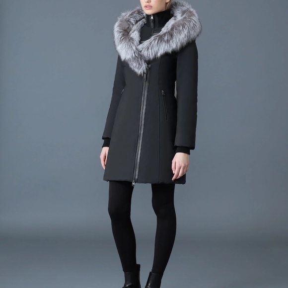 Mackage Black down coat with silver fox fur Signature Mackage Collar - Picture 2 of 3